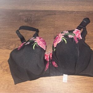 Cacique Black Bra with Pink Floral Design